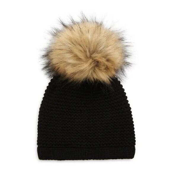Kyi Kyi Womens Wool Blend Faux Fur Pom-Pom Beanie Hat Black Tan One Size NWT - Picture 1 of 4